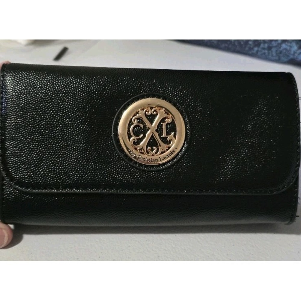 Christian Lacroix Womens Wallet Black Gold Cash Slots Lined‎ Wristlet